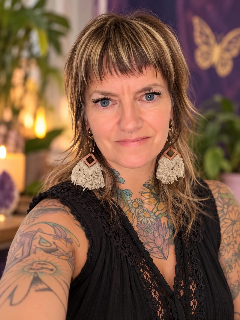 Louise Goodman, smiling softly, with floral tattoos and macramé earrings