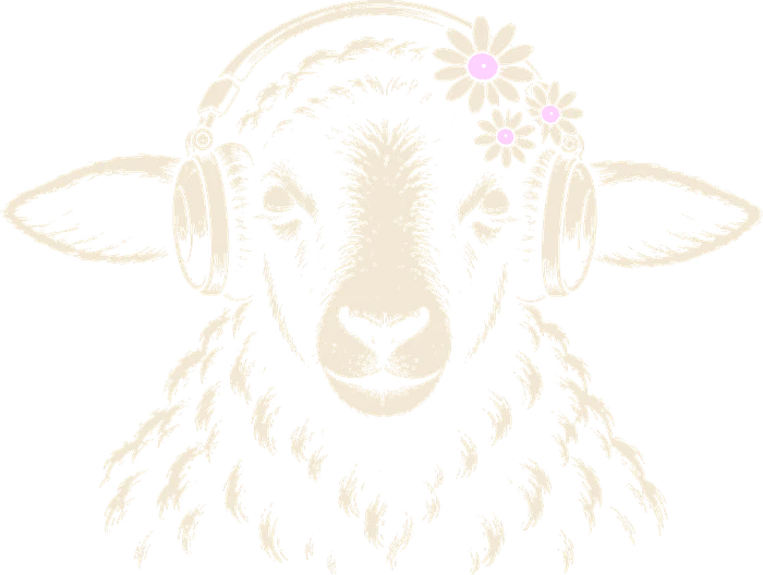 Black sheep wearing headphones, eyes calm
